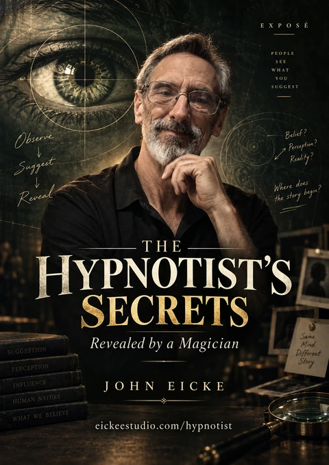 The Hypnotist’s Secrets poster: John Eicke beside a large eye, with the subtitle Revealed by a Magician.