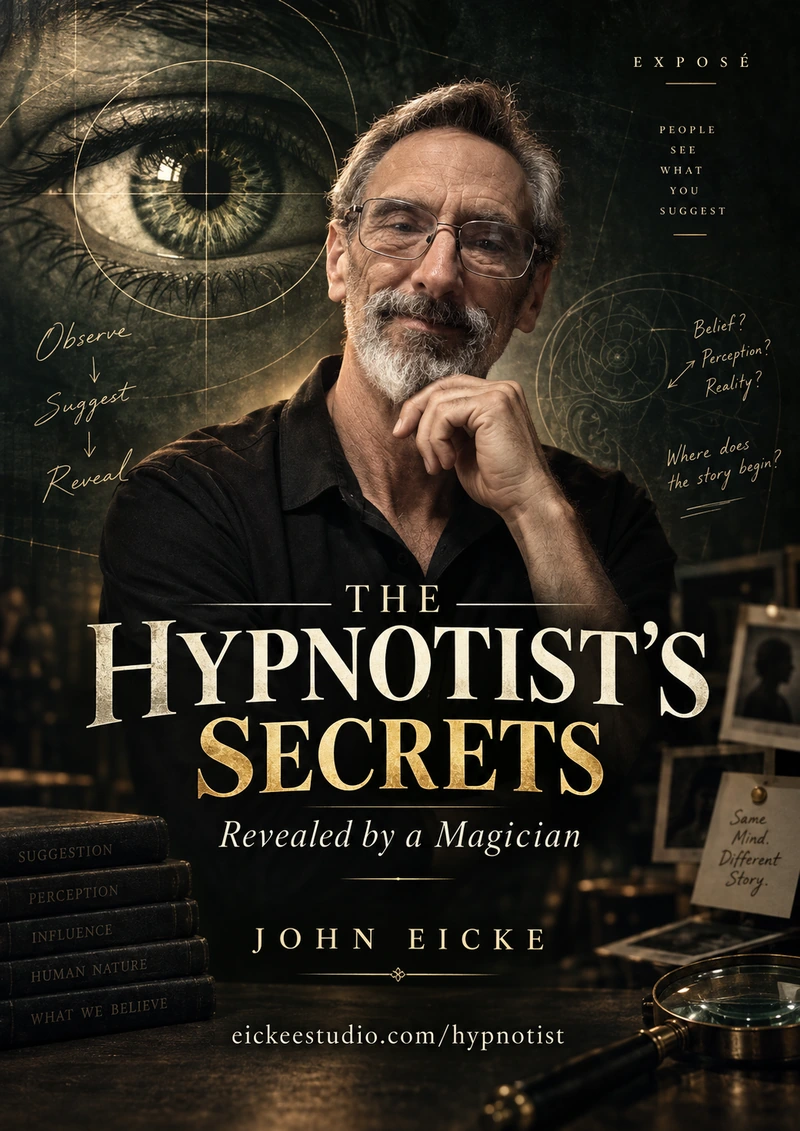 The Hypnotist’s Secrets poster: John Eicke beside a large eye, with the subtitle Revealed by a Magician.